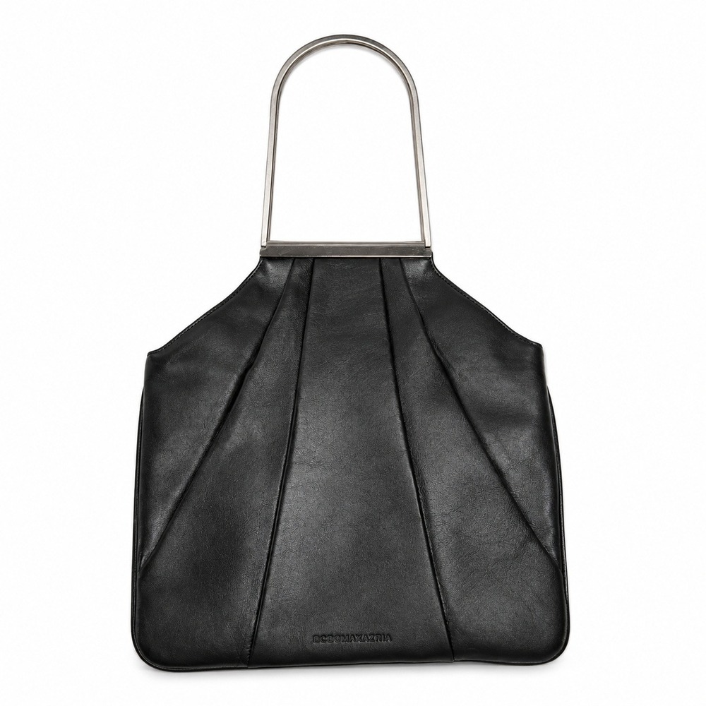 Y2K BCBGMAXAZRIA Handbag Black Leather Pleated Metal Arch Handle Tote Bag